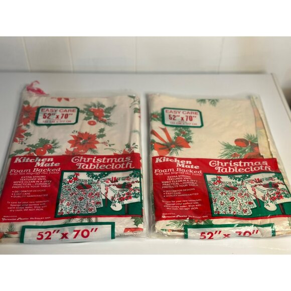 VTG Christmas Vinyl Tablecloth 52"x70" Poinsettia Floral Holiday Set-of-2 - Picture 1 of 3